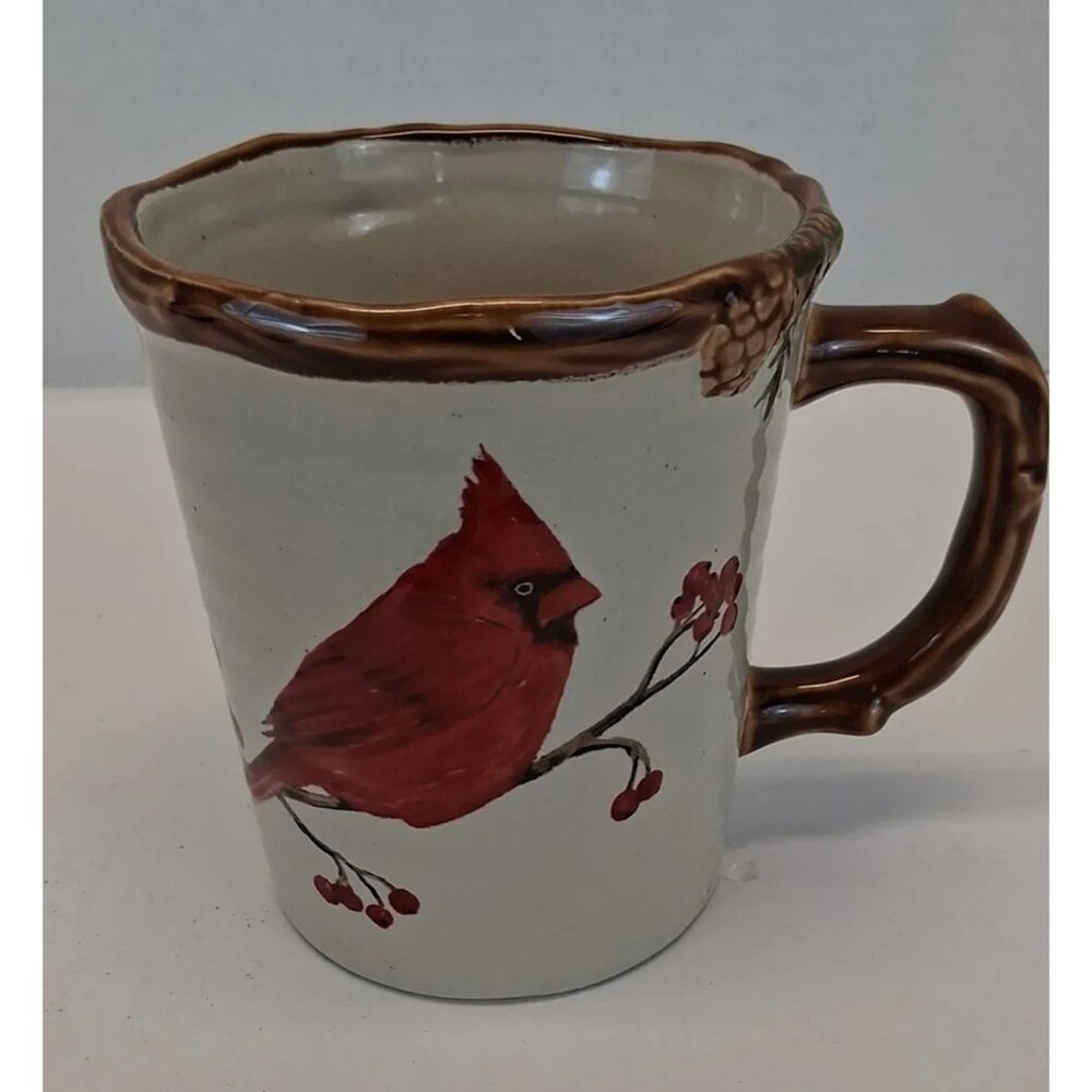 St. Nicholas Square Snow Valley Cardinal Mug 12 oz. 3D Pinecone Nature Bird NOS